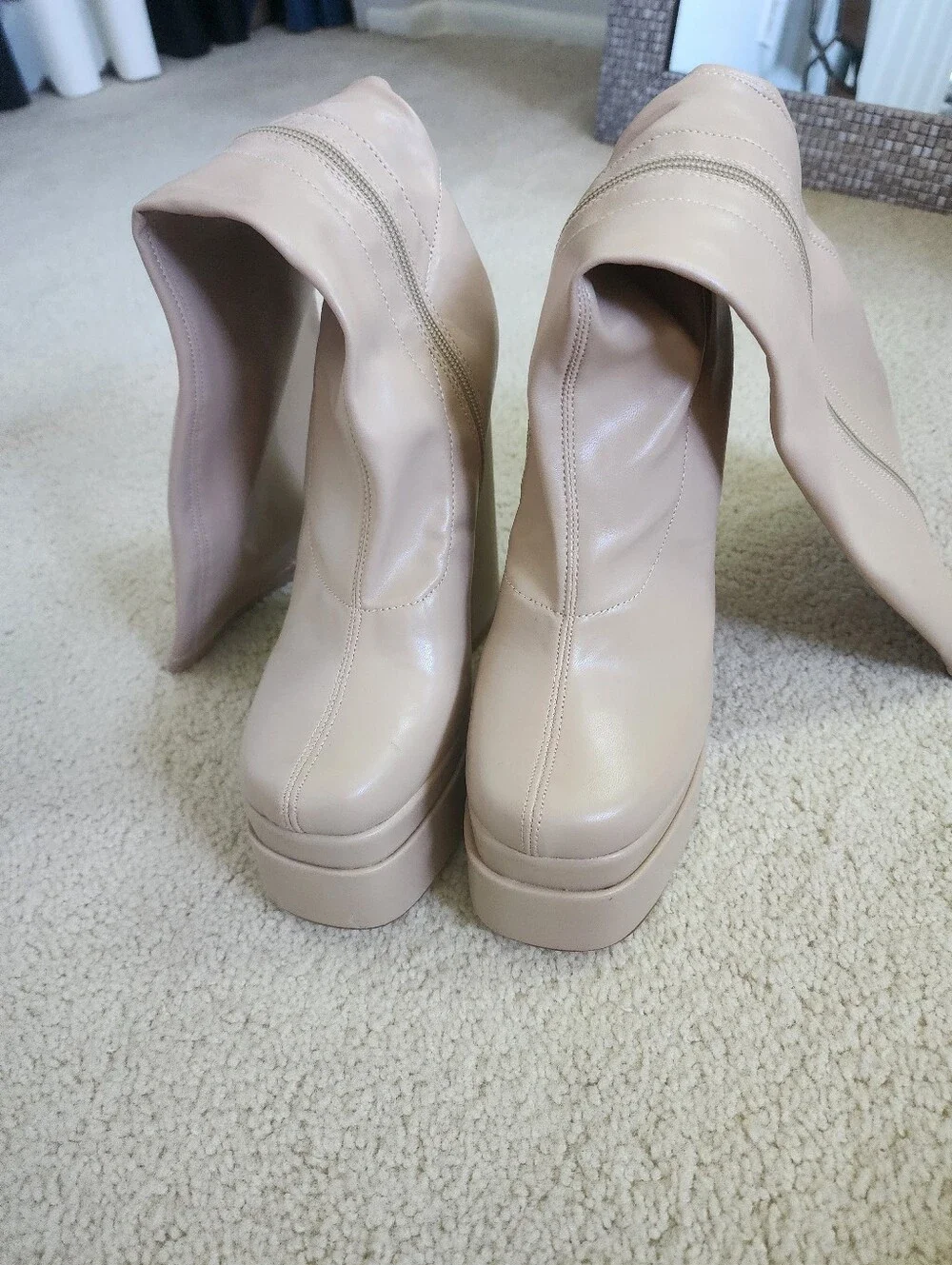 Women’s Faux Leather Tall Platform Knee High Boots in Beige Size 7